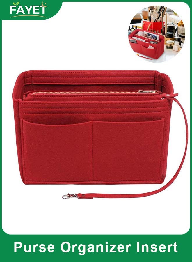 FAYET Large Felt Purse Organizer Insert with Zipper, Multi-Compartment Handbag Makeup Organizer, Travel Toiletry Storage Bag for Women(Red) - Image 1